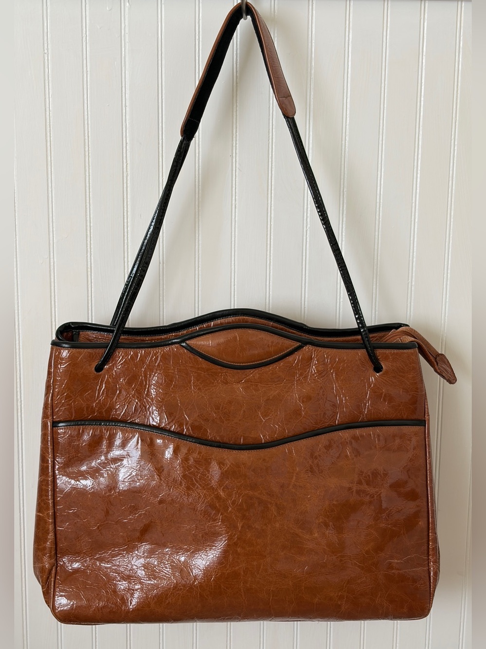 Jo Ann Page Handmade in USA Brown Leather Shoulder Bag Tote with Black Piping